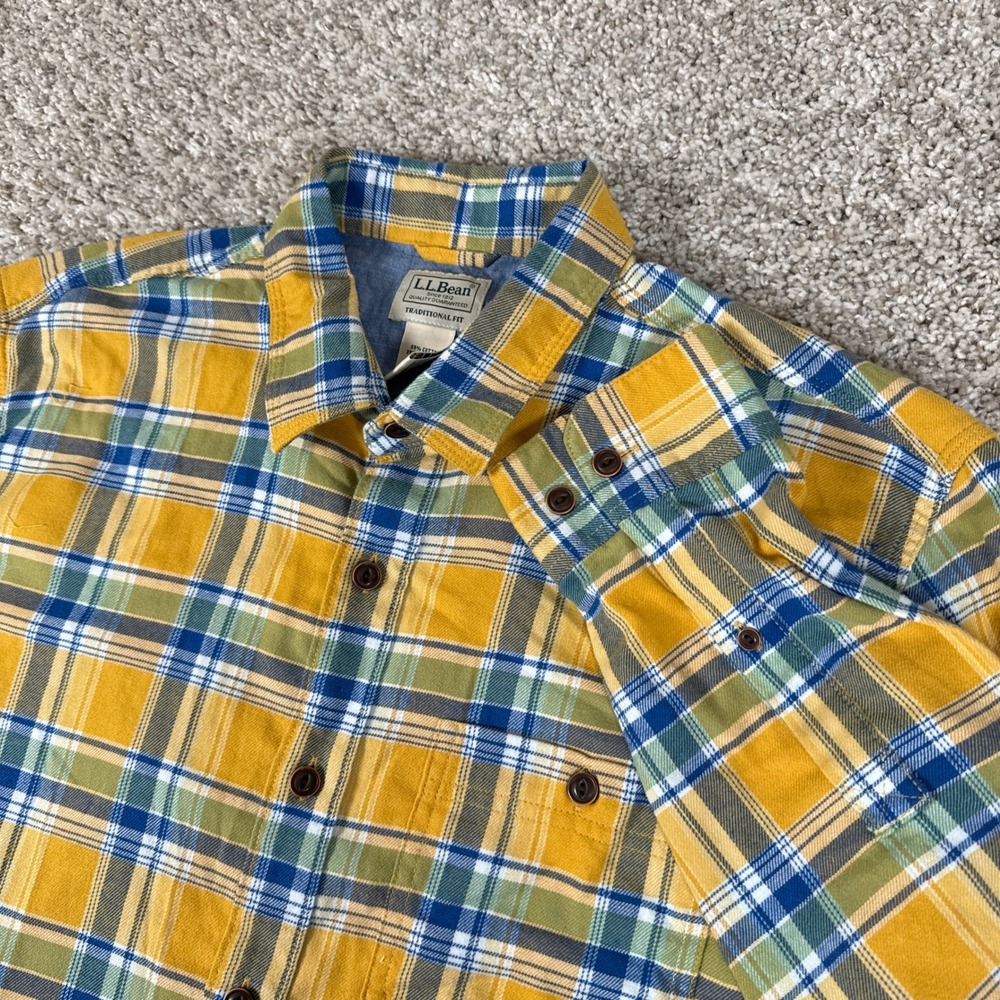 LL Bean Shirt Mens Medium Yellow Blue Plaid All Season Flannel Button Up Stretch